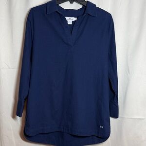 Vineyard Vines Women’s Navy Blue Collared Linen Cotton Tunic Top Large